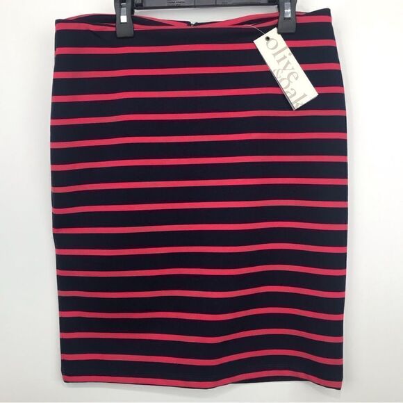 Olive & Oak NEW Navy / Passion Fruit Striped Pencil Skirt - Picture 1 of 12